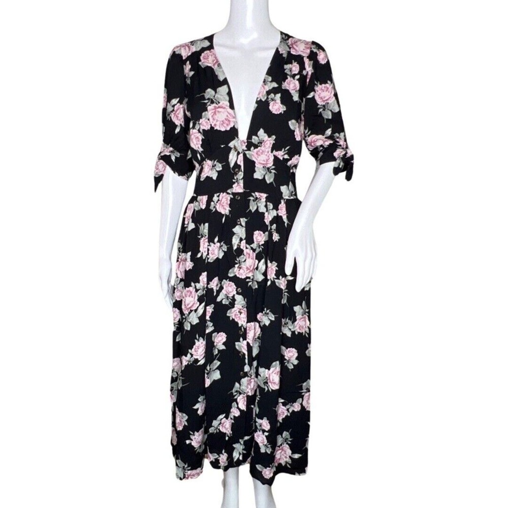 Free People Dress Womens Small Black Pink Floral Love of My Life Midi Dress Boho